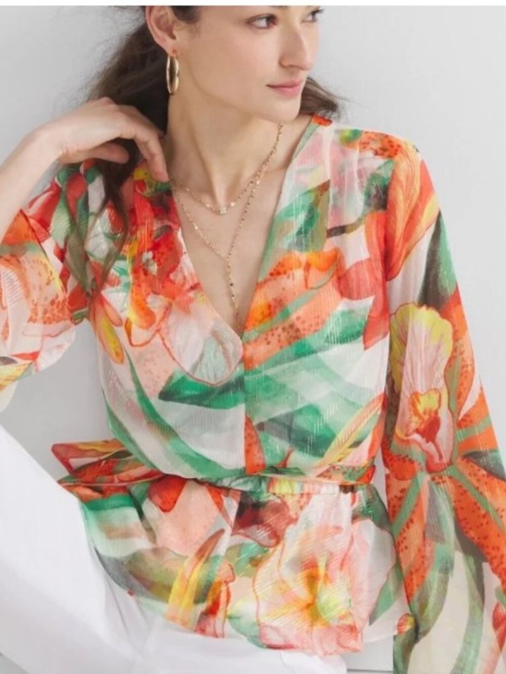 WHITE HOUSE BLACK MARKET Colorful V Neck Bell Sleeve Chiffon Top Large